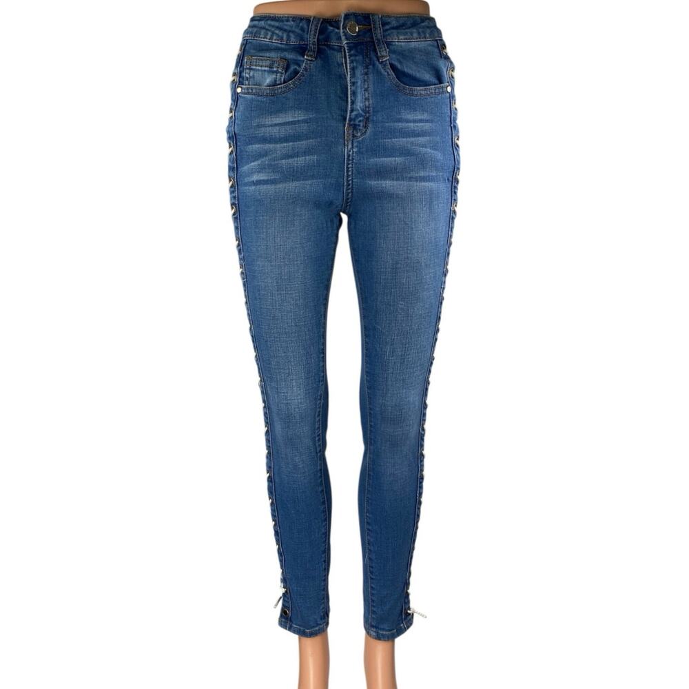 Fashion Nova Blue Side Lace Up Criss Cross High Waisted Skinny Jeans Size 26